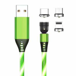 Luminous magnet multi charger cable Lightning, MicroUSB, USB-C - Green