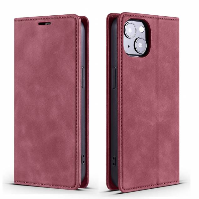 iPhone 13 Pro cover w flap, card slots - artificial leather -Red-brown