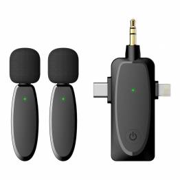 Wireless dual microphone Clip on with Mini Jack, USB-C and Lightning