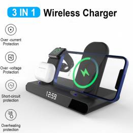  Slim 3-in-1 charger for iPhone, AirPods and Watch w clock/alarm - Black