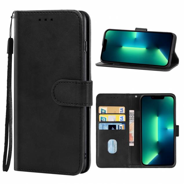 iPhone 14 Plus cover in imitation leather w card slots and strap Black