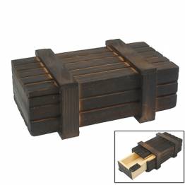 Wooden puzzle box with secret drawer for play and geocaching
