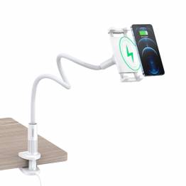 Flexible iPhone holder for table and bed with wireless Qi charging