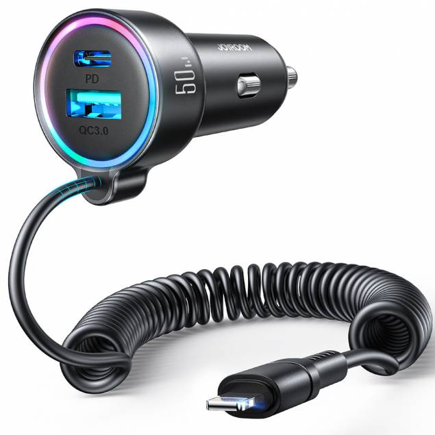 Joyroom 3-in-1 car charger - USB, USB-C and wired Lightning - 45W