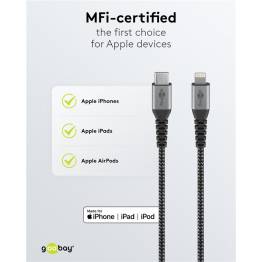  Goobay robust woven USB-C to Lightning cable - MFi - 1m - Black/grey