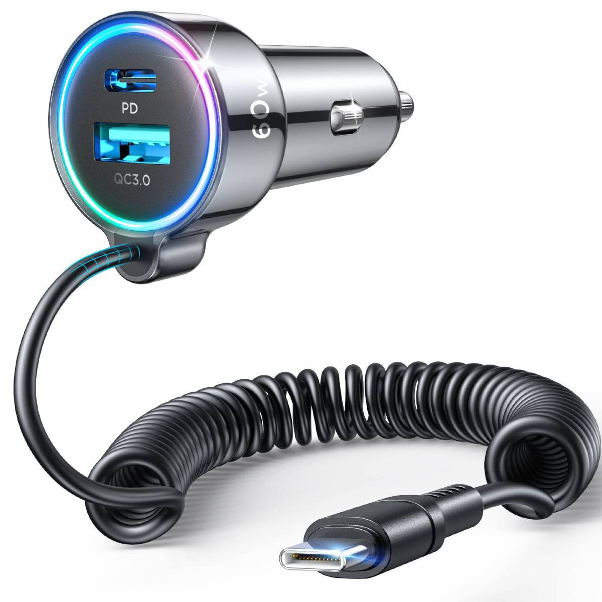 Joyroom 3-in-1 car charger - USB, USB-C and wired USB-C connector- 60W -  Mackabler.dk