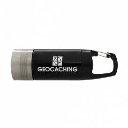 Mini flashlight and lantern with Geocaching logo and carabiner