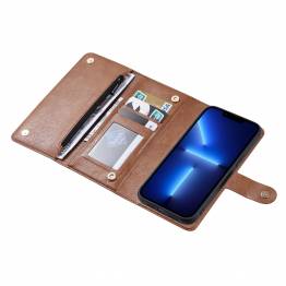 Removable iPhone 13 Pro MagSafe cover in faux leather case with card slots and zipper pocket