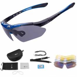 RockBros polarized cycling glasses with 4 lenses, case, and prescription lens frame - Black/Blue