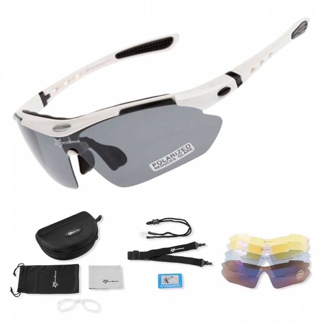 RockBros polarized cycling glasses with 4 lenses, case, and prescription lens frame - White