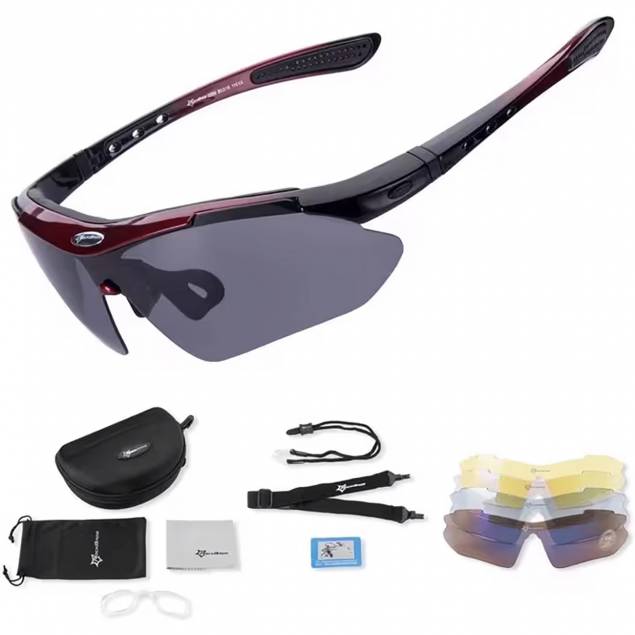 RockBros polarized cycling glasses with 4 lenses, case, and frame for prescription lenses - Black/Red