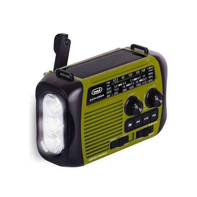 Trevi Explorer emergency radio with hand crank, Bluetooth, flashlight, and power bank - Green