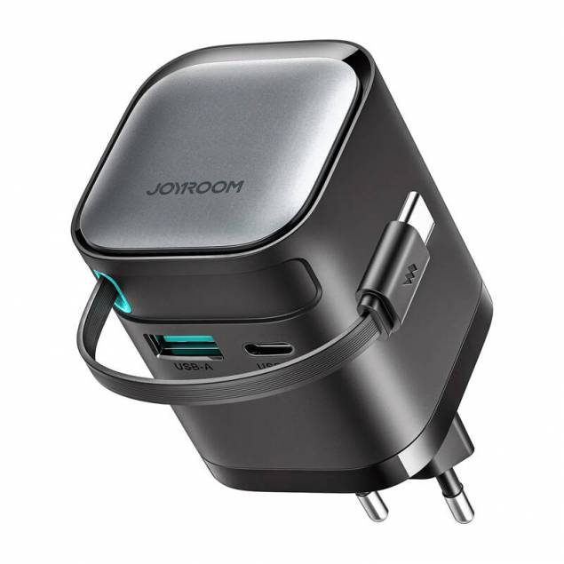 Joyroom 65W GaN PD charger with retractable USB-C cable and USB-C/USB-A ports