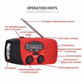  Emergency radio with hand crank, solar cell, flashlight, alarm, and mini power bank - Red