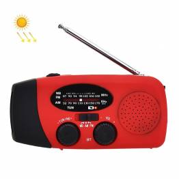 Emergency radio with hand crank, solar cell, flashlight, alarm, and mini power bank - Red