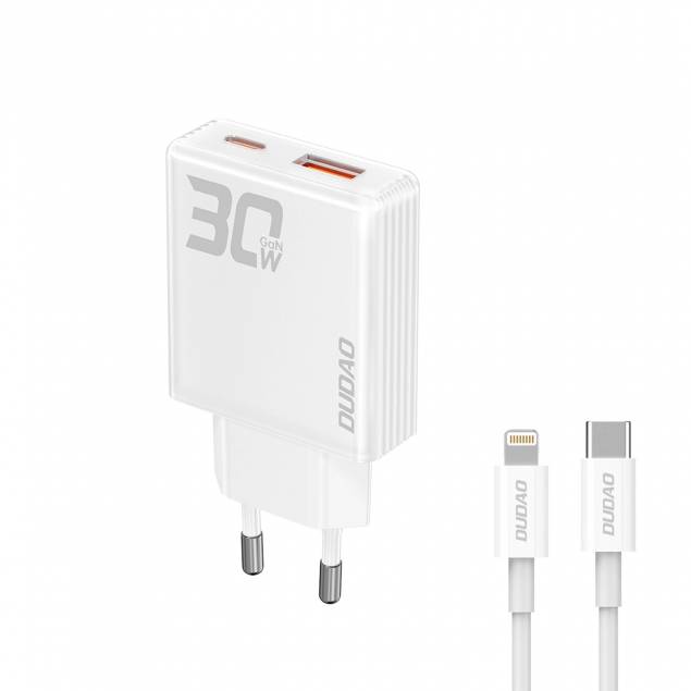 Dudao GaN 30W PD charger USB-C / USB-A incl 1m USB-C cable - White