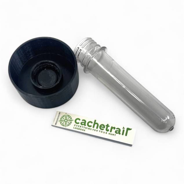 Geocache container for the top of a pipe with thread for a petling - 6.5cm - 3D printed - Black