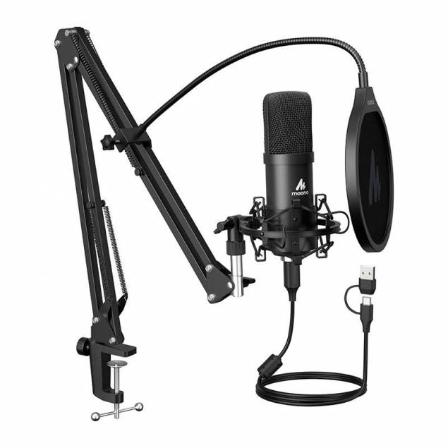 Maono microphone with adjustable arm and pop filter for podcasts and streaming - USB-C/USB-A