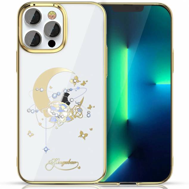 Kingxbar iPhone 13 Pro cover - Gold Moon, flower and Swarovski crystals