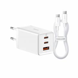 Baseus GaN5 Pro 3-port 2x USB-C and 1x USB including 1m USB-C cable - 65W PD Mac charger - White