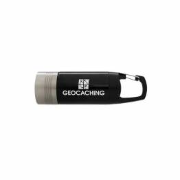 Mini flashlight and lantern with Geocaching logo and carabiner