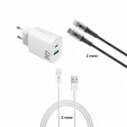 M7 20W dual charger for iPhone / iPad and 2 MFi Lightning cables - 2m