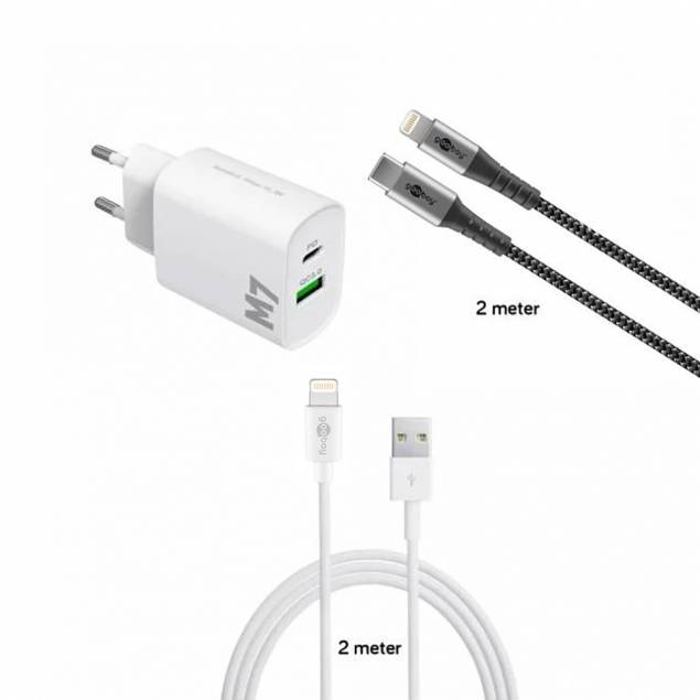 M7 20W dual charger for iPhone / iPad and 2 MFi Lightning cables - 2m